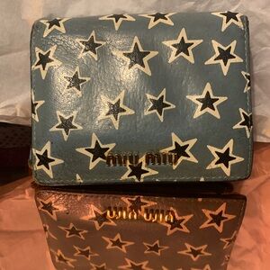 Miu Miu Blue Star-Print Leather Wallet with Gold Logo